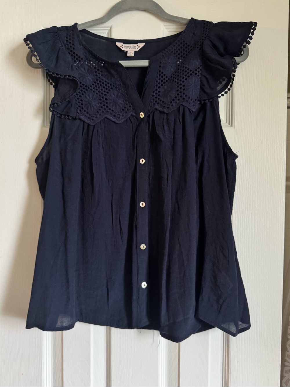 Nanette Lepore Navy Eyelet Ruffle Button-Front Blouse